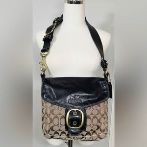 Coach Bleecker Black Leather Tan Canvas Signature Flap Buckle Shoulder Bag 11434